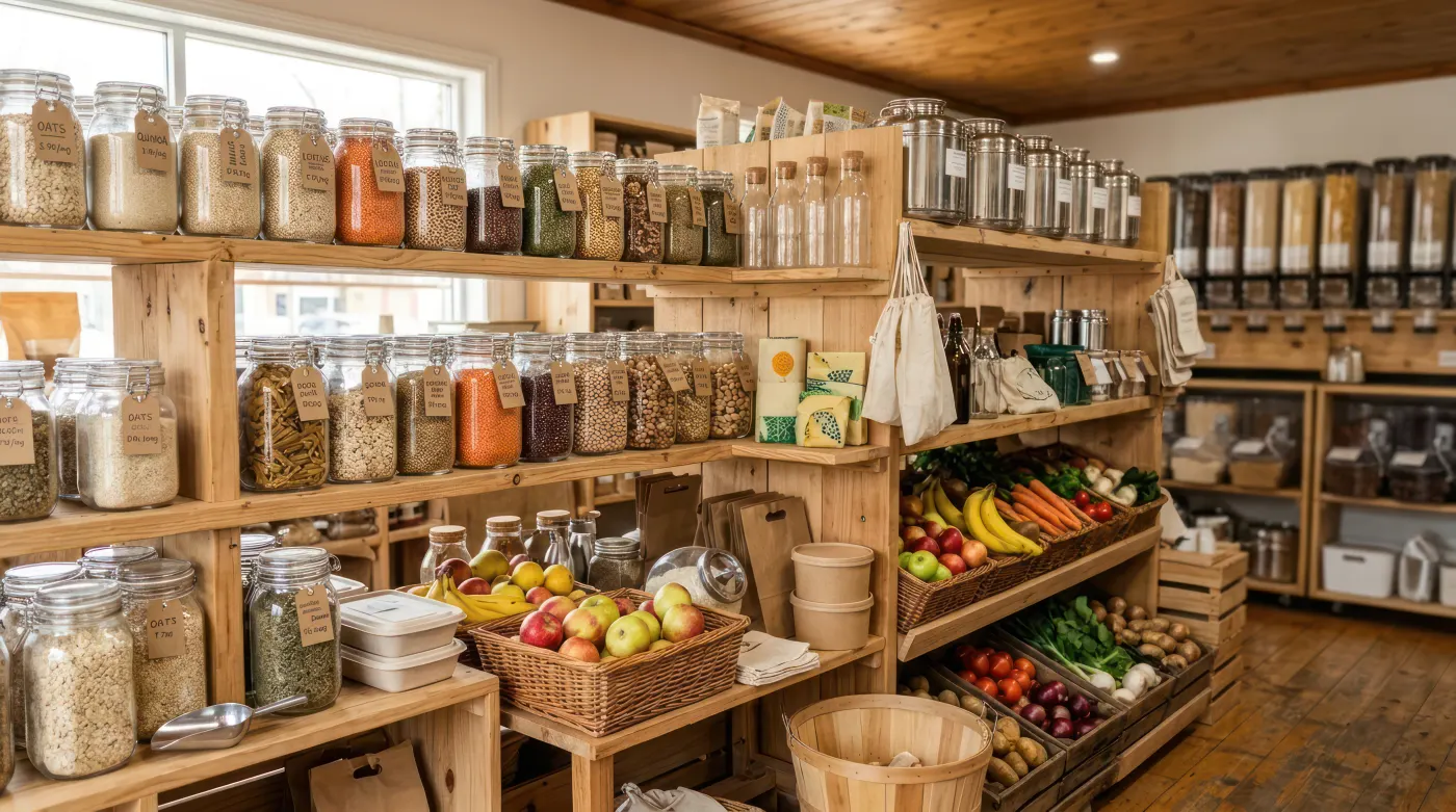 Health food store shelves with bulk and natural products