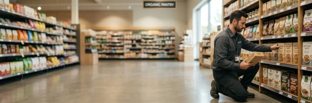 Store staff stocking packaged oats and muesli on grocery shelves
