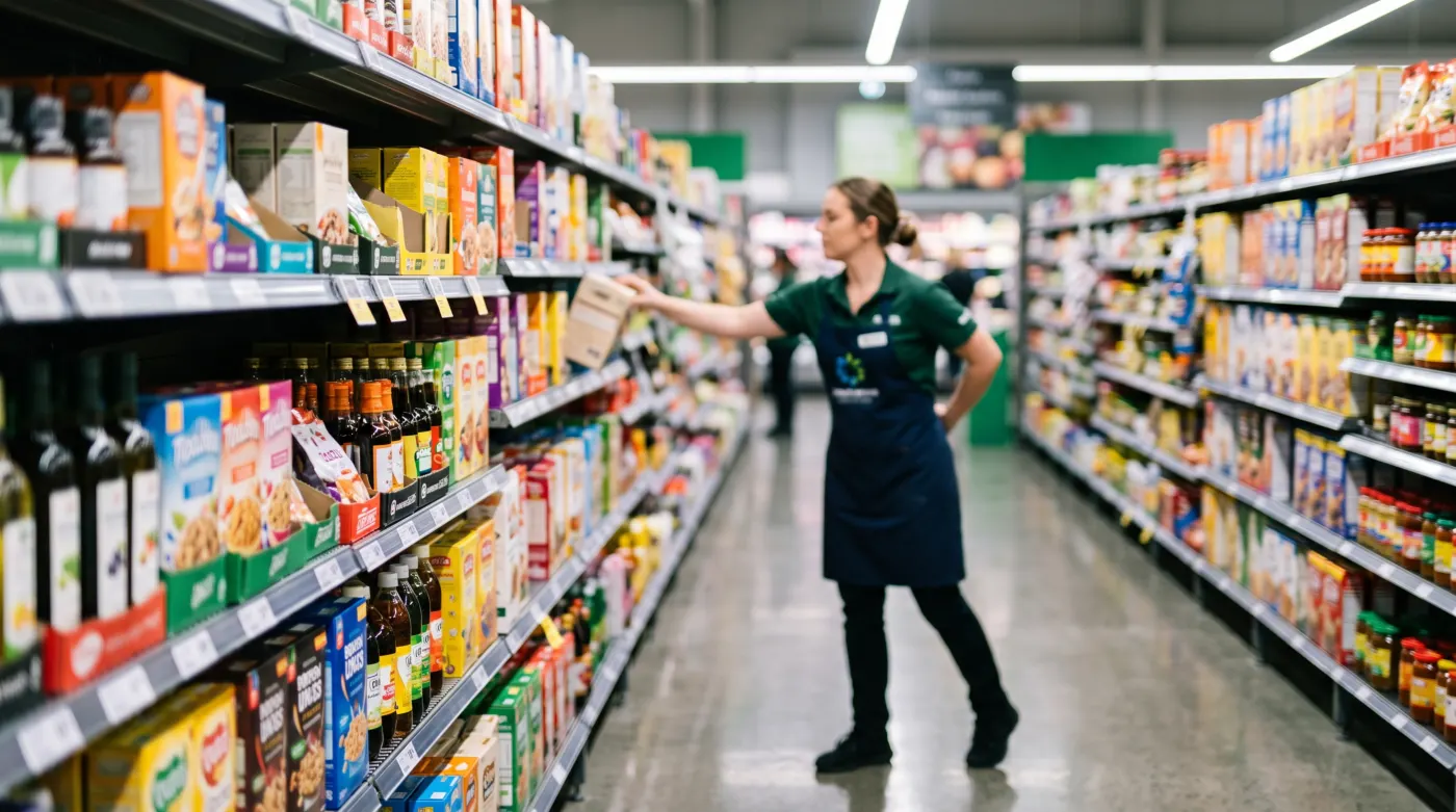 Staff restocking shelves in an independent grocery store