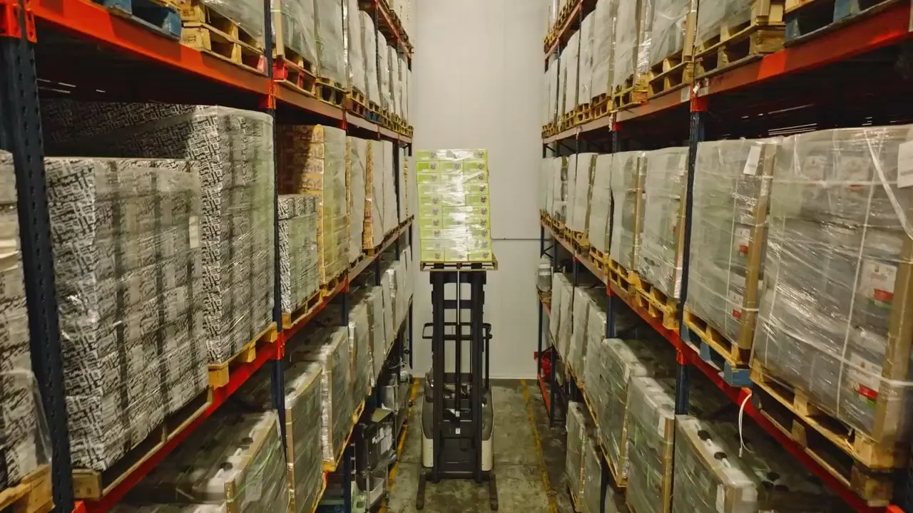 Pallets of packaged food in an Ontario distribution warehouse