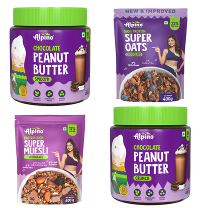 Chocolate Lovers’ Delight + Chocolate Peanut Butter Smooth 400 gm + Chocolate Peanut Butter Crunch 400 gm + Peanut Butter Super Oats Chocolate 400 G +Super Chocolate Muesli Nuts 400g