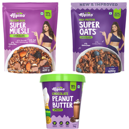 Chocolate High Protein Combo: Chocolate Peanut Butter Smooth/Crunch 1 KG | Chocolate Muesli 400g & Chocolate Super Oats 400g