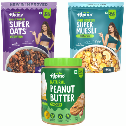 High Protein Combo - Natural Peanut Butter Smooth 1 KG + High Protein Super Muesli Cinnamon 750g + Peanut Butter Super Oats Chocolate 400 G