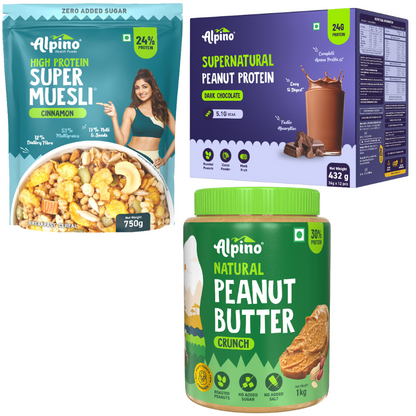 Protein Power Combo - Natural Peanut Butter Crunch 1 KG + Supernatural Peanut Protein Powder Dark Chocolate 432G + High Protein Super Muesli Cinnamon 750g