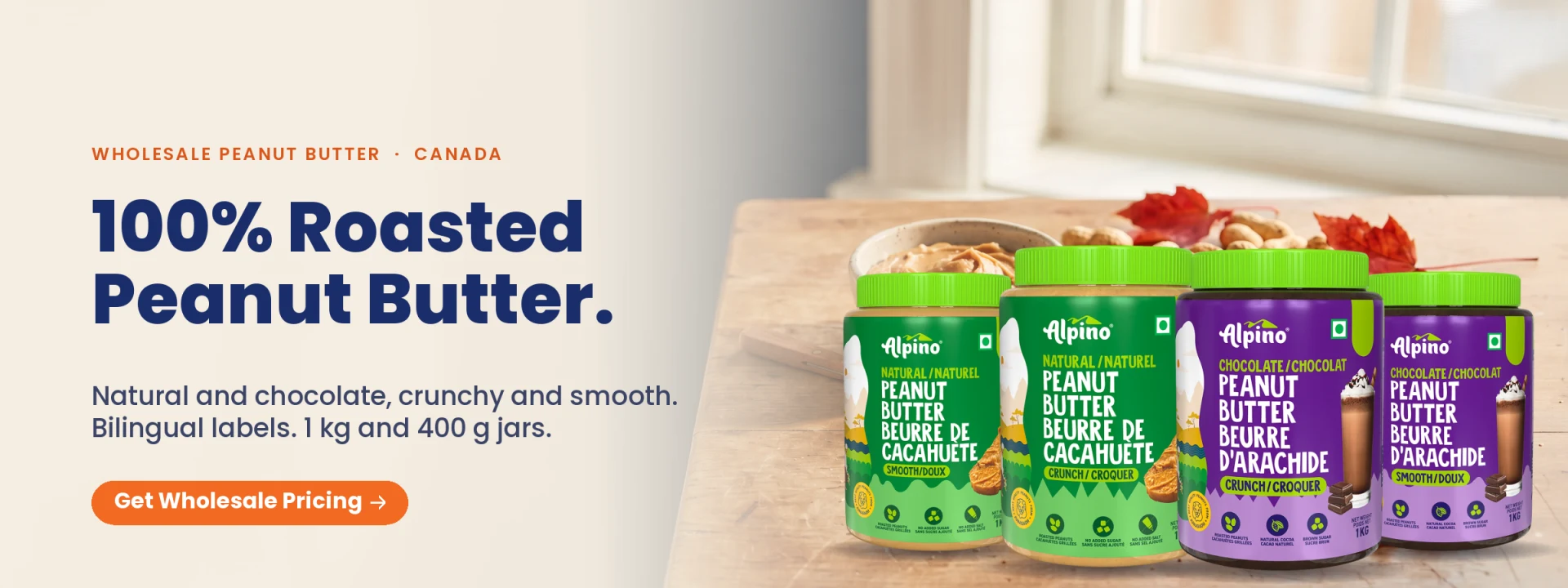 Alpino natural and chocolate peanut butter jars, wholesale peanut butter supplier in Canada