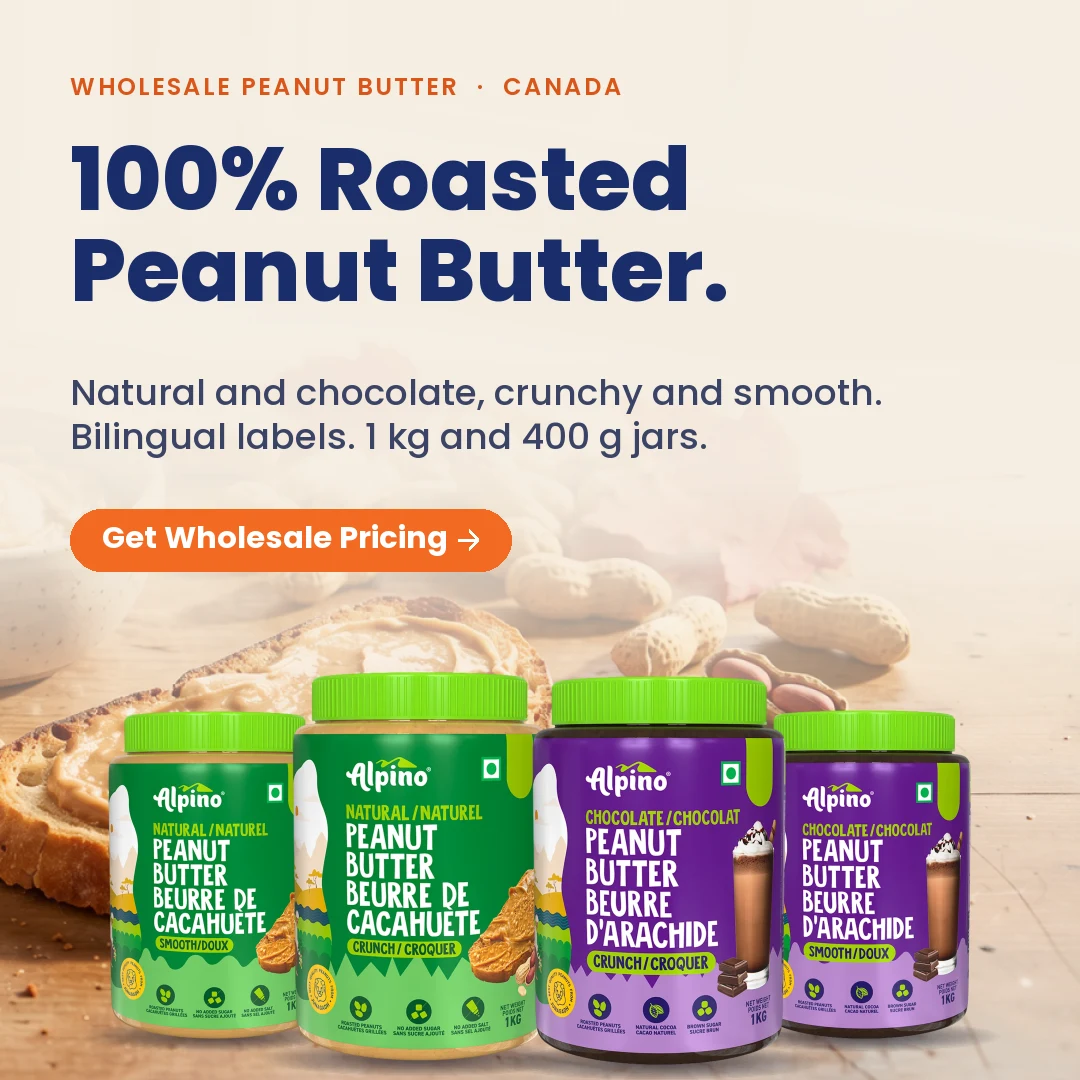 Alpino natural and chocolate peanut butter jars, wholesale peanut butter supplier in Canada