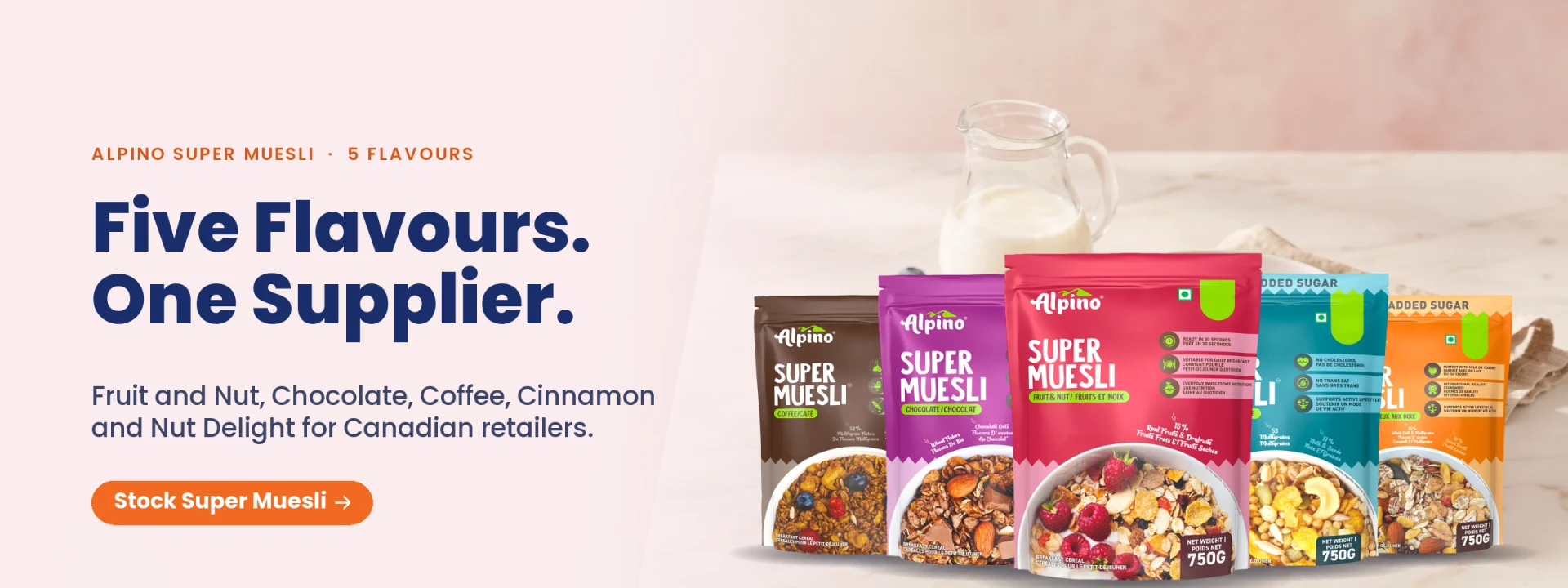 Alpino Super Muesli in five flavours, wholesale muesli for Canadian retailers