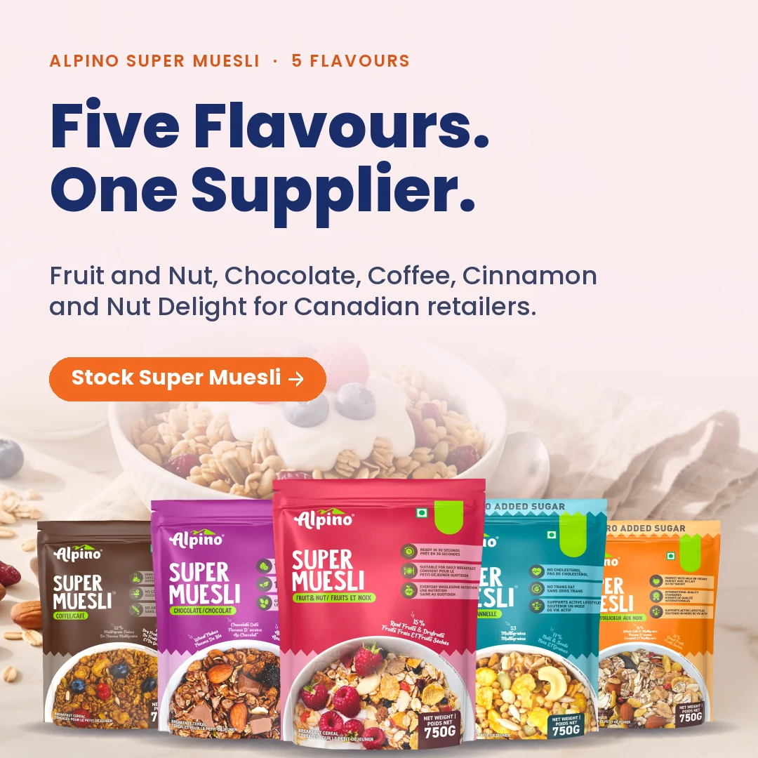 Alpino Super Muesli in five flavours, wholesale muesli for Canadian retailers