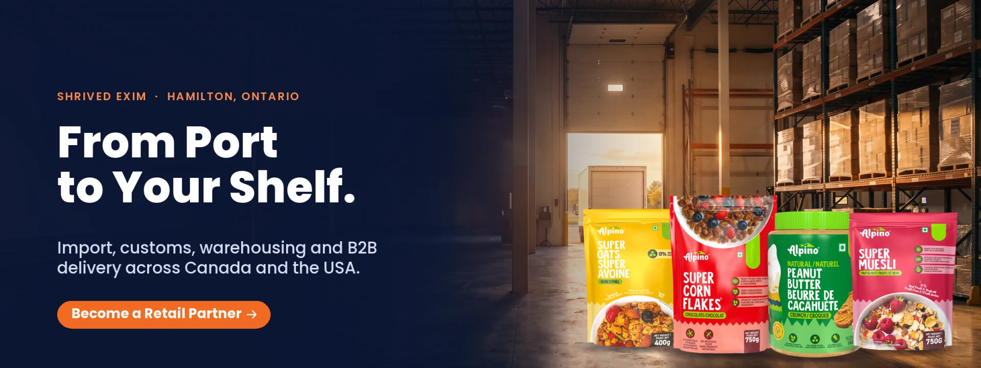 Shrived Exim food import, warehousing and B2B delivery from Hamilton, Ontario across Canada