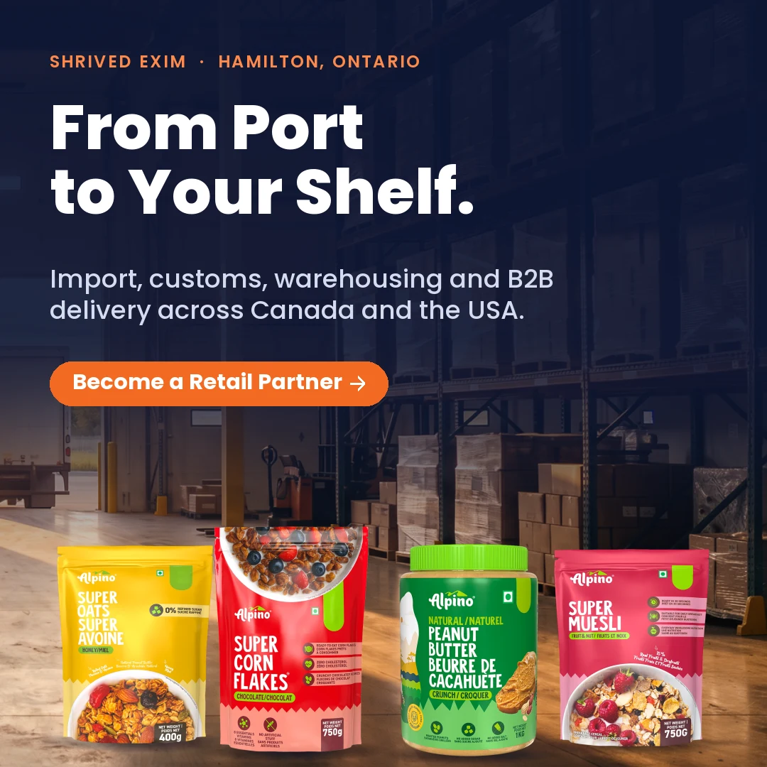 Shrived Exim food import, warehousing and B2B delivery from Hamilton, Ontario across Canada
